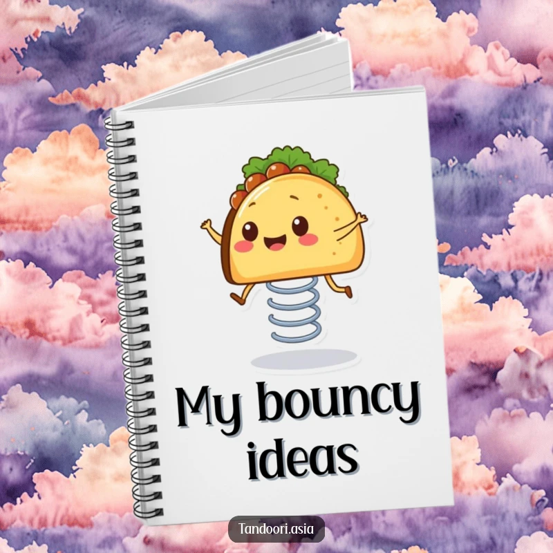 Funny Bouncing Taco Notebook with a smiling taco with tiny legs happily bouncing on a spring, perfect for note-taking.