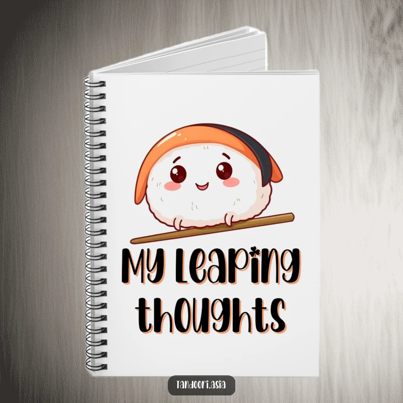 Funny Sushi Leap Notebook with a happy sushi piece with tiny legs leaping over a chopstick, perfect for note-taking.