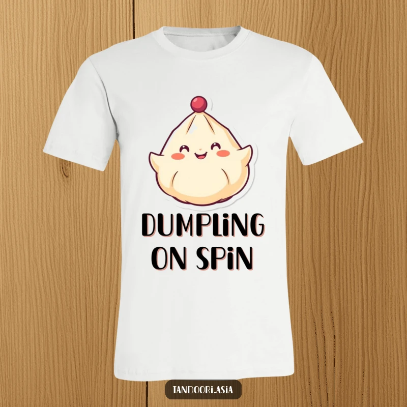 Funny Spinning Dumpling T-Shirt depicting a cheerful dumpling with a smiling face spinning around like a top, incredibly amusing.