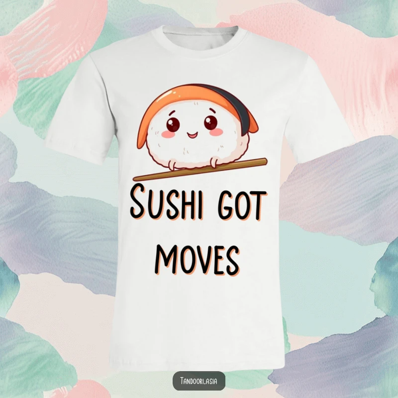 Funny Sushi Leap T-Shirt depicting a happy sushi piece with tiny legs leaping over a chopstick, full of delicious fun.