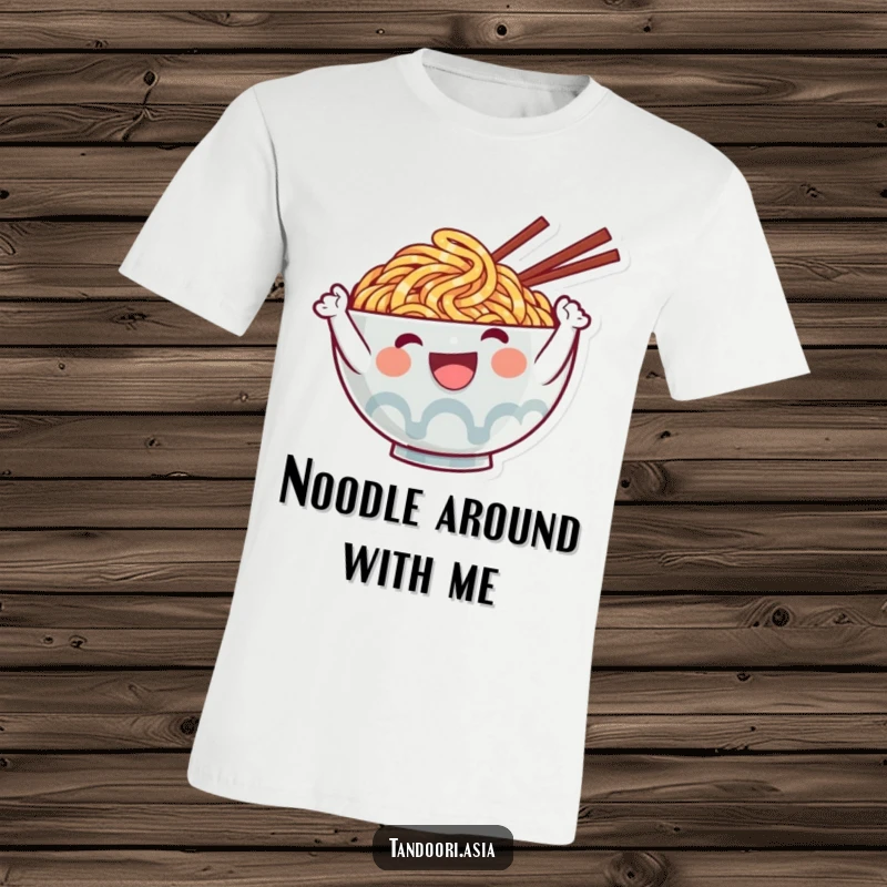Funny Ramen T-Shirt featuring a cute, smiling noodle character waving energetically, a delightful present for food enthusiasts.