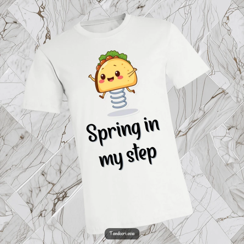 Funny Bouncing Taco T-Shirt depicting a smiling taco with tiny legs joyfully bouncing on a spring, incredibly amusing.