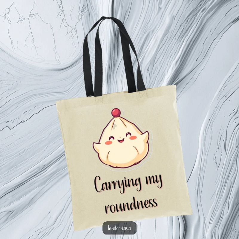 Funny Spinning Dumpling Tote Bag featuring a cheerful dumpling with a smiling face spinning around like a top, a delightful accessory.