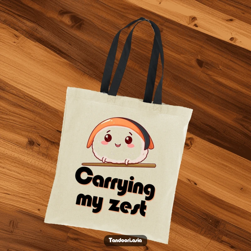 Funny Sushi Leap Tote Bag featuring a happy sushi piece with tiny legs leaping over a chopstick, a delightful accessory.
