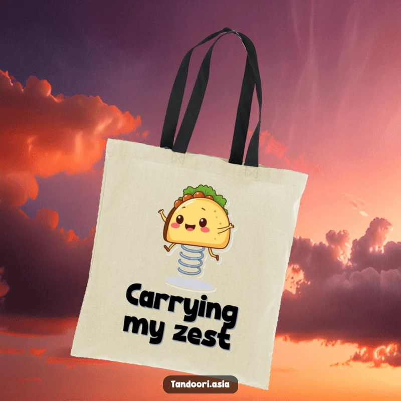 Funny Bouncing Taco Tote Bag featuring a smiling taco with tiny legs happily bouncing on a spring, a joyful accessory.