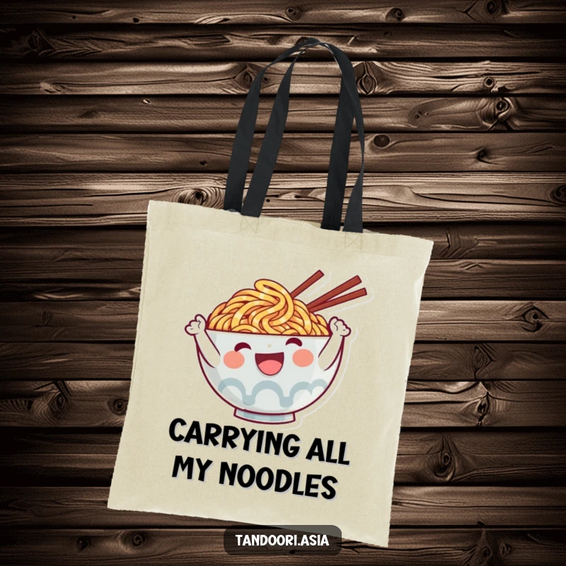 Funny Ramen Tote Bag showcasing a cheerful, cute noodle character waving hello, a practical and humorous accessory.